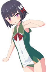 Rule 34 | 1girl, :o, black hair, blunt bangs, blush, bow, green sailor collar, hair bow, ishigaki (kancolle), junes, kantai collection, one-piece swimsuit, open mouth, purple eyes, red bow, sailor collar, short hair, simple background, sleeveless, solo, swimsuit, white background, white bow