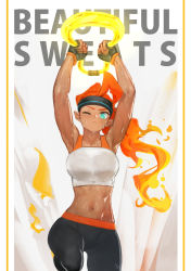 Rule 34 | 1girl, ahoge, aqua eyes, armpits, arms up, energy hair, english text, ex-trident, fingerless gloves, gloves, headband, highres, looking at viewer, navel, nintendo, orange hair, pants, pointy ears, protagonist (ring fit adventure), ring fit adventure, ring fit trainee, sleeveless, solo, stomach, sweat, tan, tank top, toned, yoga pants