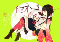 Rule 34 | 10s, 1girl, 2013, akeome, ankle boots, black hair, blunt bangs, blush, boots, branch, chinese zodiac, eyeshadow, green background, hair ribbon, happy new year, high heels, japanese clothes, long hair, makeup, mituame, new year, original, red eyes, red legwear, ribbon, shoes, skirt, snake, snake (chinese zodiac), solo, suspenders, white snake