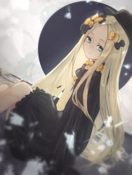 Rule 34 | 1girl, abigail williams (fate), absurdres, aito, black bow, black dress, black hat, blonde hair, blue eyes, bow, closed mouth, dress, fate/grand order, fate (series), forehead, hair bow, hat, highres, knees up, long hair, long sleeves, looking at viewer, multiple hair bows, orange bow, parted bangs, ribbed dress, sitting, solo