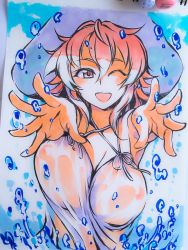 Rule 34 | 1girl, blush, breasts, covered erect nipples, hat, highres, huge breasts, kusanagi tonbo, looking at viewer, nipples, one eye closed, open mouth, original, painting (medium), partially submerged, pink eyes, pink hair, see-through, smile, solo, splashing, traditional media, water, watercolor (medium), wet, wet clothes