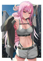 Rule 34 | 1girl, black jacket, blue sky, blush, breasts, chariot (teachariot828), cityscape, cleavage, grey shirt, grey shorts, highres, hololive, hololive english, jacket, large breasts, long hair, looking at viewer, mori calliope, navel, pink hair, red eyes, shirt, shorts, sky, smile, solo, virtual youtuber, white background