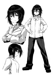 Rule 34 | 1girl, breasts, collared shirt, crossed arms, frown, greyscale, hands on own hips, highres, imagawa akira, medium breasts, medium hair, monochrome, multiple views, original, pants, shirt, smile, untucked shirt