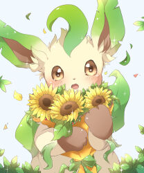 Rule 34 | absurdres, blush, bouquet, brown eyes, chiko (chi p 71), creatures (company), falling leaves, falling petals, flower, game freak, gen 4 pokemon, green ribbon, highres, holding, holding bouquet, leaf, leafeon, looking at viewer, nintendo, open mouth, petals, pokemon, pokemon (creature), ribbon, solo, sparkle, sunflower