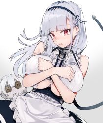 Rule 34 | 1girl, anchor, apron, azur lane, bad id, bad pixiv id, bare shoulders, black skirt, breasts, commentary request, covering privates, covering breasts, cowboy shot, dido (azur lane), doll, frilled apron, frills, gradient background, grey background, hairband, large breasts, long hair, looking at viewer, open mouth, red eyes, shirt, sidelocks, silver hair, skirt, sleeveless, sleeveless shirt, solo, suminagashi, tears, waist apron, white apron, white background, white shirt