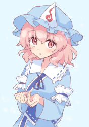 Rule 34 | 144udy, 1girl, :o, absurdres, blue background, blue dress, blue hat, breasts, cupping hands, dot nose, dress, frilled hat, frilled shirt collar, frills, hair between eyes, hat, highres, light blush, long sleeves, looking at viewer, medium hair, open mouth, own hands together, pink eyes, pink hair, ribbon-trimmed collar, ribbon trim, saigyouji yuyuko, sidelocks, simple background, small breasts, solo, standing, touhou, upper body