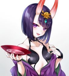 Rule 34 | 1girl, alcohol, bad id, bad pixiv id, bare shoulders, blush, bob cut, breasts, bridal gauntlets, collarbone, cup, eyeliner, fangs, fate/grand order, fate (series), gradient background, headpiece, highres, horns, japanese clothes, kanon (ikamiso), kimono, long sleeves, looking at viewer, makeup, off shoulder, oni, open mouth, purple eyes, purple hair, purple kimono, revealing clothes, sakazuki, sake, short eyebrows, short hair, shuten douji (fate), skin-covered horns, small breasts, smile, solo, wide sleeves