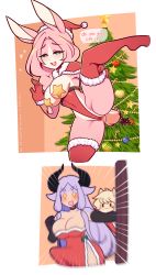 Rule 34 | 3girls, animal ears, areola slip, blush, breasts, bulge, christmas, christmas tree, cleavage, elbow gloves, erection, erection under clothes, furry, futanari, gloves, green eyes, highres, horns, leg up, long hair, multiple girls, open mouth, original, pasties, pink hair, purple hair, re-sublimity-kun, standing, standing on one leg, star-shaped pupils, star (symbol), symbol-shaped pupils