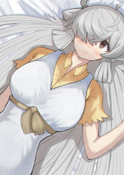 Rule 34 | 1girl, absurdres, ahoge, animal ears, bad id, bad pixiv id, bare arms, bed sheet, breasts, brown eyes, dress, from above, grey hair, hair over one eye, hair spread out, highres, kemono friends, large breasts, light blush, long hair, looking at viewer, lying, on back, one eye covered, short sleeves, smile, solo, white dress, yak (kemono friends), zuchi00
