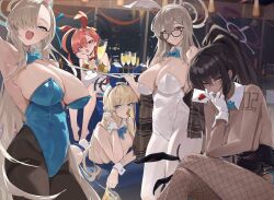 Rule 34 | 5girls, akane (blue archive), akane (bunny) (blue archive), animal ears, armpits, asuna (blue archive), asuna (bunny) (blue archive), barefoot, black-framed eyewear, black hair, black leotard, black pantyhose, blonde hair, blue archive, blue bow, blue eyes, blue hair, blue halo, blue leotard, blush, bow, braid, breasts, brown eyes, card, cleaning &amp; clearing (blue archive), cleavage, cup, dark-skinned female, dark skin, detached collar, drink, duplicate, fake animal ears, fake tail, fishnet pantyhose, fishnets, glasses, gloves, hair between eyes, hair over one eye, halo, highres, holding, holding card, holding tray, indoors, karin (blue archive), karin (bunny) (blue archive), large breasts, lemoneko, leotard, light brown hair, long hair, looking at viewer, medium breasts, mole, mole on breast, multicolored hair, multiple girls, neru (blue archive), neru (bunny) (blue archive), official alternate costume, open mouth, pantyhose, playboy bunny, ponytail, purple halo, rabbit ears, rabbit tail, red eyes, red hair, red leotard, revision, single braid, small breasts, smile, strapless, strapless leotard, streaked hair, tail, toki (blue archive), toki (bunny) (blue archive), tray, white gloves, white leotard, yellow eyes