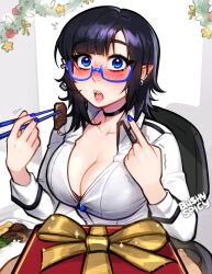 Rule 34 | 1girl, :o, black choker, black hair, blue-framed eyewear, blue nails, blushyspicy, breasts, choker, cleavage, commentary, earrings, glasses, highres, incoming gift, jewelry, large breasts, looking at viewer, mole, mole under eye, nail polish, original, pointy ears, shirt, solo focus, upper body, vivian seong (blushyspicy), white shirt