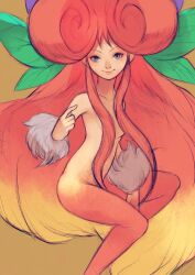 Rule 34 | 1girl, big hair, blue eyes, breasts, breath of fire, breath of fire iii, closed mouth, fairy, fairy (breath of fire), feet out of frame, highres, kannoaki, long hair, looking at viewer, nude, simple background, small breasts, smile, solo, wings
