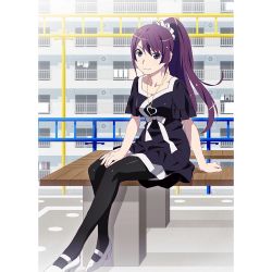 Rule 34 | bench, blue eyes, building, dress, hand on own thigh, hand on thigh, jewelry, looking at viewer, monogatari (series), necklace, park bench, playground, ponytail, purple hair, scrunchie, senjougahara hitagi, smile, solo, watanabe akio
