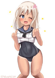 Rule 34 | 1girl, absurdres, black neckerchief, black one-piece swimsuit, black sailor collar, blonde hair, blue eyes, clenched hands, commentary request, crop top, flower, hair flower, hair ornament, highres, kantai collection, long hair, looking at viewer, neckerchief, one-hour drawing challenge, one-piece swimsuit, one-piece tan, ro-500 (kancolle), sailor collar, sakura ab, school swimsuit, school uniform, shirt, simple background, sleeveless, sleeveless shirt, solo, standing, swimsuit, swimsuit under clothes, tan, tanline, white background