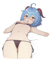 Rule 34 | 1girl, absurdres, ahoge, alternate costume, armpits, bed sheet, bikini, black bikini, blue hair, blush, breasts, commentary request, ganyu (genshin impact), genshin impact, goat horns, highres, horns, looking at viewer, lying, navel, obam, on back, open mouth, purple eyes, small breasts, solo, swimsuit
