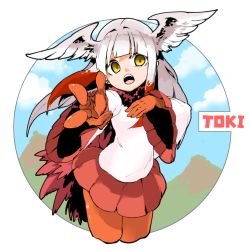 Rule 34 | 1girl, bird tail, bird wings, blue sky, character name, cloud, cowboy shot, day, empty eyes, feathered wings, frilled sleeves, frills, fur collar, gloves, hand on own chest, head wings, jamir, japanese crested ibis (kemono friends), kemono friends, legs together, long hair, long sleeves, miniskirt, multicolored hair, open mouth, orange gloves, orange pantyhose, outstretched arm, pantyhose, pleated skirt, red hair, red skirt, shirt, skirt, sky, solo, tail, teeth, two-tone hair, white hair, white shirt, white wings, wide sleeves, wings, yellow eyes