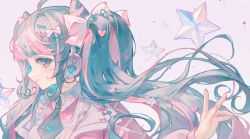 Rule 34 | 1girl, apron, aqua eyes, aqua hair, aqua necktie, arm ribbon, bow, closed mouth, collared shirt, commentary, frilled apron, frills, hair bow, hair ornament, hatsune miku, headphones, heart, heart hair ornament, highres, long hair, long sleeves, looking at viewer, maccha (mochancc), multicolored hair, nail polish, necktie, pink background, pink hair, pink nails, pink shirt, profile, ribbon, shirt, sideways glance, simple background, smile, solo, star (symbol), streaked hair, treble clef, twintails, two-tone hair, upper body, vocaloid, white bow, wing collar
