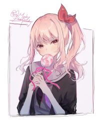Rule 34 | 1other, akiyama mizuki, androgynous, blush, candy, character name, commentary request, covered mouth, dated, food, happy birthday, highres, holding, holding candy, holding food, holding lollipop, jishio, lollipop, long hair, looking at viewer, pink eyes, pink hair, project sekai, sailor collar, side ponytail, sidelocks, upper body