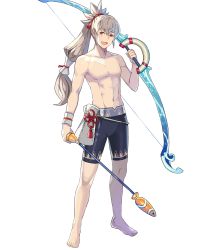 Rule 34 | 1boy, abs, bow (weapon), fire emblem, fire emblem fates, fire emblem heroes, fujin yumi (fire emblem), full body, grey hair, highres, long hair, looking at viewer, male focus, navel, nintendo, open mouth, ponytail, red eyes, simple background, smile, swimsuit, takumi (fire emblem), tobi (kotetsu), transparent background, weapon, yumi (bow)