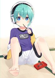 Rule 34 | 1boy, arm support, barefoot, blue eyes, blue hair, blush, child, eating, feet, food, headphones, highres, jacket, male focus, off shoulder, original, os (os fresa), pocky, shorts, sitting, sleeves past wrists, soles, solo, souta (os), toes, twitter username