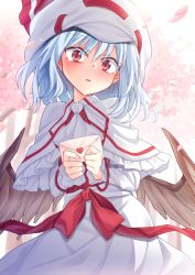 Rule 34 | 1girl, ascot, bad id, bad pixiv id, bat wings, beret, blue hair, blush, capelet, cherry blossoms, commentary request, cowboy shot, envelope, frilled capelet, frills, hair between eyes, hat, head tilt, heart, highres, holding, holding letter, ina (inadahime), letter, looking at viewer, love letter, nail polish, parted lips, petals, pink nails, red eyes, remilia scarlet, solo, touhou, white ascot, white capelet, white hat, wings