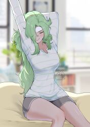 Rule 34 | 1girl, absurdres, adomiwan, arms up, blurry, blurry background, blush, breasts, closed eyes, commentary, dolphin shorts, green hair, grey shorts, highres, indoors, long hair, long sleeves, medium breasts, original, shirt, shorts, sitting, solo, stretching, thighs, very long hair, white shirt