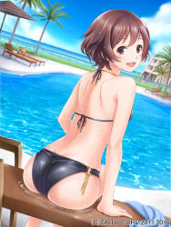 Rule 34 | 1girl, :d, ass, back, bare shoulders, beach chair, bikini, black bikini, blue sky, brown eyes, brown hair, building, chair, dated, day, dutch angle, fence, highres, ilog, looking back, official art, open mouth, outdoors, palm tree, pool, short hair, sitting, sky, smile, solo, swimsuit, towel, tree, uchida masahiro, watermark, wet