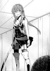 Rule 34 | 1girl, 3u, :d, bare shoulders, blood, blood on face, boots, bracelet, breasts, cellphone, cleavage, garter straps, gasai yuno, greyscale, jewelry, knee boots, long hair, medium breasts, mirai nikki, monochrome, open mouth, phone, smile, solo, standing, sword, thighhighs, weapon