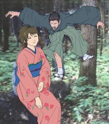Rule 34 | + +, 1boy, 1girl, ^ ^, afterimage, arms up, balancing, brown hair, bush, closed eyes, closed mouth, facing viewer, flat chest, flat color, floral print, forehead, forest, gintama, godzillapigeon1, green hakama, green kimono, hakama, happy, highres, japanese clothes, kimono, kondou isao, leg up, log, long sleeves, motion lines, nature, obi, open mouth, outdoors, outstretched arms, photo background, pink kimono, ponytail, sandals, sash, shimura tae, short hair, sidelocks, sitting, sketch, smile, socks, standing, standing on one leg, tabi, teeth, tree, v-shaped eyebrows, white legwear, wide sleeves