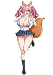 Rule 34 | 1girl, animal ear fluff, animal ears, bikini, bikini under clothes, black footwear, black socks, blue bikini, blue skirt, breasts, cleavage, collarbone, collared shirt, fate/extra, fate (series), fox ears, fox girl, fox shadow puppet, fox tail, full body, hair between eyes, highres, kneehighs, large breasts, loafers, long hair, looking at viewer, miniskirt, muta poo, one eye closed, open clothes, open mouth, open shirt, pink hair, shirt, shoes, short sleeves, sidelocks, skirt, smile, socks, solo, swimsuit, tail, tamamo (fate), tamamo no mae (fate/extra), twintails, white shirt, yellow eyes
