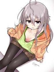 Rule 34 | 1girl, ahoge, baggy clothes, braid, breasts, brown eyes, collarbone, downblouse, from above, gojarun, highres, hood, hoodie, hoshi syoko, idolmaster, idolmaster cinderella girls, pantyhose under shorts, long hair, no bra, pantyhose, parted lips, shorts, side braid, silver hair, sitting, sleeves past wrists, small breasts, solo, twitter username