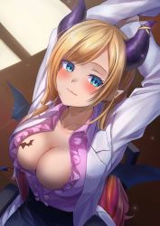 Rule 34 | 1girl, absurdres, arms behind head, blonde hair, blue eyes, blush, breasts, chair, chakuma (yiyh1468), cleavage, demon girl, demon horns, demon tail, demon wings, heart, heart tail, highres, hololive, horns, lab coat, large breasts, long hair, looking at viewer, open clothes, open shirt, pointy ears, shadow, shirt, sitting, smile, solo, tail, virtual youtuber, white shirt, window shadow, wings, yuzuki choco, yuzuki choco (1st costume)