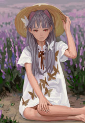 Rule 34 | 1girl, animal ears, bug, butterfly, butterfly hair ornament, cat ears, closed mouth, feiqizi (fkey), fkey, flower, hair ornament, hair over shoulder, hat, highres, insect, lavender (flower), long hair, looking at viewer, neck ribbon, on ground, original, outdoors, red ribbon, ribbon, shirt, short sleeves, signature, sitting, solo, white butterfly, white shirt, yokozuwari