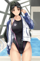 Rule 34 | 1girl, arena (company), black hair, black one-piece swimsuit, blurry, brown eyes, commentary request, competition swimsuit, covered navel, cowboy shot, depth of field, groin, highleg, highleg swimsuit, indoors, jacket, long hair, looking at viewer, multicolored clothes, multicolored jacket, one-piece swimsuit, original, pool, rei no pool, solo, standing, swimsuit, yukitaka