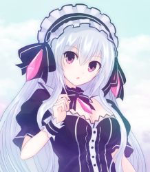 Rule 34 | 1girl, :o, black bow, black hairband, bow, bow hairband, breasts, buttons, center frills, cleavage, fairy fencer f, frilled hairband, frills, hair between eyes, hairband, hand up, lolita hairband, long hair, medium breasts, open mouth, pink eyes, silver hair, solo, striped, striped bow, suta (clusta), tiara (fairy fencer f), very long hair