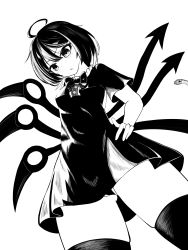 Rule 34 | 1girl, absurdres, ahoge, asymmetrical wings, bow, bowtie, dress, from below, greyscale, hand on own hip, highres, houjuu nue, monochrome, nuekane, open mouth, panties, short hair, short sleeves, simple background, snake, solo, standing, thighhighs, touhou, underwear, wings