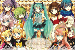 Rule 34 | 3boys, 6+girls, argyle, argyle background, argyle clothes, bad id, bad pixiv id, blonde hair, blue eyes, blue hair, blue scarf, bow, brother and sister, brown eyes, brown hair, earrings, elbow gloves, gloves, green eyes, green hair, gumi, hair ornament, hair ribbon, hairclip, hand on own hip, hatsune miku, ia (vocaloid), jewelry, kagamine len, kagamine rin, kaito (vocaloid), kamui gakupo, long hair, mayu (vocaloid), megurine luka, meiko (vocaloid), multiple boys, multiple girls, one eye closed, open mouth, purple eyes, purple hair, red hair, ribbon, sawou ginga, scarf, short hair, siblings, skirt, smile, stuffed animal, stuffed rabbit, stuffed toy, thighhighs, twintails, usano mimi, very long hair, vocaloid, white hair, wink, yellow eyes, yume74