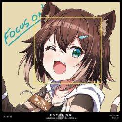 Rule 34 | 1girl, ;3, album cover, album name, animal ears, artist name, asanaya, black border, blush, border, brown hair, brown jacket, cat ears, cat girl, cat tail, character name, commentary request, copyright name, copyright notice, cover, dot nose, double-parted bangs, drawstring, facial recognition, fangs, fish hair ornament, fumino tamaki, fumino tamaki (1st costume), green eyes, hair ornament, highres, hood, hooded jacket, jacket, light brown background, looking at viewer, nijisanji, official art, one eye closed, open mouth, portrait, short hair, sign, sign around neck, smile, solo, song name, striped clothes, striped jacket, striped tail, tail, translated, virtual youtuber