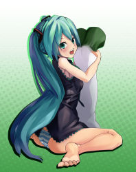 Rule 34 | 1girl, aqua eyes, aqua hair, ass, barefoot, blush, breasts, feet, female focus, full body, gradient background, halftone, halftone background, hatsune miku, hitosashiyubi, kneeling, long hair, open mouth, panties, pillow, sitting, solo, spring onion, striped clothes, striped panties, themed object, twintails, underwear, very long hair, vocaloid