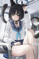 1girl absurdres animal_ears black_eyes black_hair blue_archive blue_halo blue_neckerchief cat_ears cat_tail commentary_request halo hanasawa_(hanasawa062) highres kikyou_(blue_archive) multiple_tails neckerchief pleated_skirt sailor_collar skirt solo tail two_tails