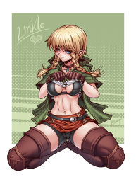 Rule 34 | 1girl, black bra, blonde hair, blue eyes, boots, bra, braid, breasts, brown gloves, cameltoe, cleavage, cleft of venus, clothes lift, eyebrows, gloves, highres, hyrule warriors, karosu maker, linkle, long hair, looking at viewer, medium breasts, nintendo, pointy ears, shirt lift, short shorts, shorts, smile, solo, spread legs, squatting, the legend of zelda, thigh boots, thighhighs, toned, twin braids, underwear