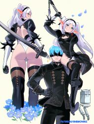 Rule 34 | 1girl, 2b (nier:automata), 2b (nier:automata) (cosplay), 9s (nier:automata), 9s (nier:automata) (cosplay), ass, blue hair, closed mouth, commentary, cosplay, elf, expressionless, frieren, full body, green eyes, highres, himmel (sousou no frieren), jewelry, juliet sleeves, leotard, long hair, long sleeves, looking back, no blindfold, parted bangs, pointy ears, puffy sleeves, short hair, simple background, snegovski, solo, sousou no frieren, thighhighs, twintails, white hair