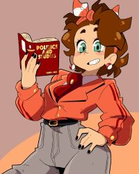 Rule 34 | 1girl, belt, black belt, black nails, blush, book, brown hair, cowboy shot, earrings, green eyes, hand on own hip, highres, holding, holding book, jewelry, long sleeves, looking at viewer, medium hair, original, parted lips, poke ball, poke ball (basic), red shirt, scott malin, second-party source, shirt, shirt tucked in, smile, solo