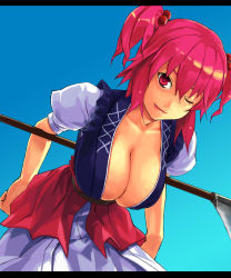 Rule 34 | 1girl, bad id, bad pixiv id, blue background, breasts, cleavage, day, fang, female focus, hair bobbles, hair ornament, hanging breasts, huge breasts, leaning forward, letterboxed, looking at viewer, no bra, one eye closed, onozuka komachi, red eyes, red hair, scythe, short hair, simple background, sky, solo, touhou, twintails, two side up, wink, yuuji (and)
