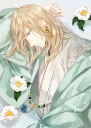 Rule 34 | 1boy, arm pillow, arm up, blonde hair, blue eyes, camellia, camus (uta no prince-sama), earrings, flower, from side, green jacket, haori, hexagon print, highres, jacket, japanese clothes, jewelry, kimono, looking down, lying, male focus, medium hair, official alternate costume, on side, parted lips, profile, solo, swept bangs, tassel, tubame-hien, upper body, uta no prince-sama, uta no prince-sama: shining live, white flower, white kimono