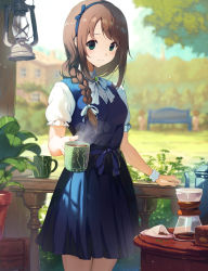 Rule 34 | 1girl, bad id, bad pixiv id, bench, blue dress, blue sky, blurry, blurry background, blush, bow, bowtie, braid, braided ponytail, brown hair, building, closed mouth, cup, dress, green eyes, hand up, holding, holding cup, house, long hair, looking at viewer, mug, original, outdoors, plant, pleated dress, ponytail, potted plant, railing, short sleeves, sky, smile, solo, standing, table, tree, white bow, white bowtie, yoshitake