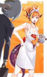 Rule 34 | absurdres, ahoge, amane kanata, apron, baby, blonde hair, blue hair, bow, diagonal-striped bow, dragon girl, dragon horns, dragon tail, formal, hairband, halo, highres, hololive, horn bow, horn ornament, horns, housewife, kiryu coco, kitchen, kivo, long hair, multicolored hair, naked apron, open mouth, orange hair, pointy ears, red eyes, short hair, spatula, star halo, streaked hair, suit, suitcase, tail, virtual youtuber