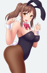 Rule 34 | 1girl, animal ears, ass, bare shoulders, blush, breasts, brown eyes, brown hair, detached collar, fake animal ears, fake tail, highleg, highleg leotard, large breasts, leotard, long hair, looking at viewer, neri sachiko, open mouth, original, pantyhose, playboy bunny, ponytail, rabbit ears, rabbit tail, shiny clothes, smile, solo, tail, wrist cuffs