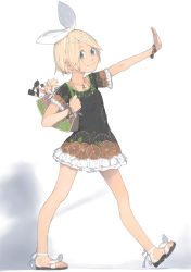 Rule 34 | 1girl, akinbo (hyouka fuyou), arm up, bag, beamed quavers, blonde hair, bracelet, brown eyes, casual, character doll, dress, hair ornament, hair ribbon, hairclip, handbag, highres, jewelry, kagamine len, kagamine rin, looking at viewer, musical note, musical note hair ornament, musical note print, necklace, quaver, ribbon, sandals, short hair, smile, solo, staff (music), treble clef, vocaloid