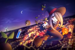 Rule 34 | 1girl, artist name, blurry, blurry background, broom, candy, candy corn, cityscape, cloud, commentary, cork, crescent moon, dated, dusk, english commentary, flask, flying, food, hair over one eye, halloween, hat, highres, jack-o&#039;-lantern, little witch academia, luna nova school uniform, moon, mushroom, night, night sky, open hand, pink hair, potion, red eyes, school uniform, sky, smile, solo, star (sky), sucy manbavaran, wide sleeves, witch, witch hat, yuzahunter